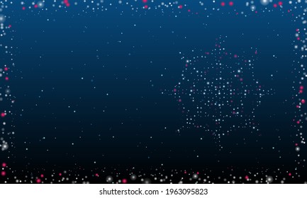 On the right is the spider web symbol filled with white dots. Pointillism style. Abstract futuristic frame of dots and circles. Some dots is pink. Vector illustration on blue background with stars