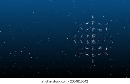 On the right is the spider web symbol filled with white dots. Background pattern from dots and circles of different shades. Vector illustration on blue background with stars