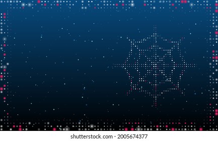 On the right is the spider web symbol filled with white dots. Pointillism style. Abstract futuristic frame of dots and circles. Some dots is pink. Vector illustration on blue background with stars