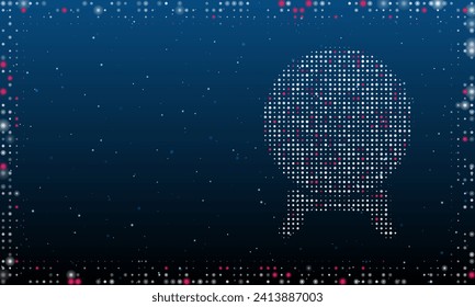 On the right is the spirit ball symbol filled with white dots. Pointillism style. Abstract futuristic frame of dots and circles. Some dots is pink. Vector illustration on blue background with stars