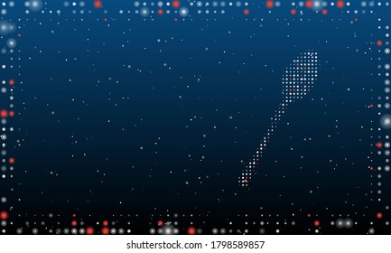 A la derecha está el símbolo de la cuchara lleno de puntos blancos. Resumen marco futurista de puntos y círculos. Algunos puntos son rojos. Ilustración vectorial sobre fondo azul con estrellas