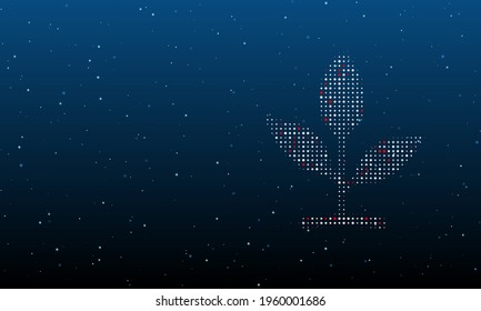 On the right is the sprout symbol filled with white dots. Background pattern from dots and circles of different shades. Vector illustration on blue background with stars