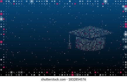 A la derecha está el símbolo académico cuadrado con puntos blancos. Resumen marco futurista de puntos y círculos. Algunos puntos son rosas. Ilustración vectorial sobre fondo azul con estrellas
