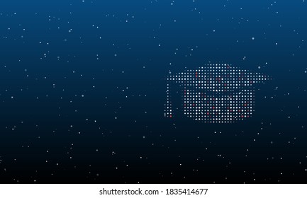 Auf der rechten Seite befindet sich das Symbol für die akademische Kappe, gefüllt mit weißen Punkten. Hintergrundmuster aus Punkten und Kreisen verschiedener Farben. Einige Punkte sind rot. Vektorgrafik auf blauem Hintergrund mit Sternen