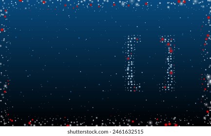On the right is the square brackets symbol filled with white dots. Pointillism style. Abstract futuristic frame of dots and circles. Some dots is red. Vector illustration on blue background with stars