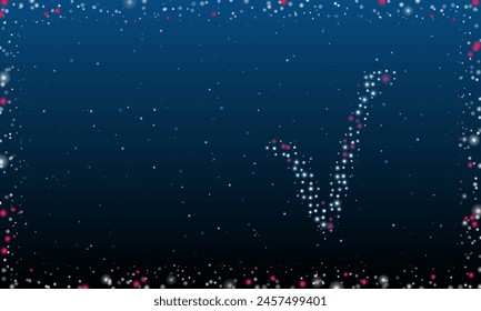 A la derecha está el símbolo de raíz cuadrada lleno de puntos blancos. Estilo puntillismo. Abstractas marco futurista de puntos y círculos. Algunos puntos son rosas. Ilustración vectorial sobre fondo azul con estrellas
