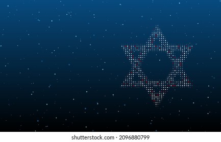 On the right is the star of David symbol filled with white dots. Background pattern from dots and circles of different shades. Vector illustration on blue background with stars