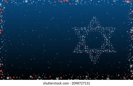 On the right is the star of David symbol filled with white dots. Pointillism style. Abstract futuristic frame of dots and circles. Some dots is red. Vector illustration on blue background with stars