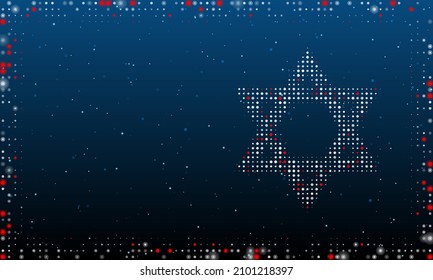 On the right is the star of David symbol filled with white dots. Pointillism style. Abstract futuristic frame of dots and circles. Some dots is red. Vector illustration on blue background with stars