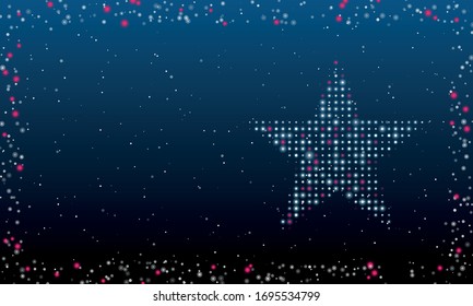 On the right is the star symbol filled with white dots. Abstract futuristic frame of white dots and circles. Some dots is pink. Vector illustration on blue background with stars