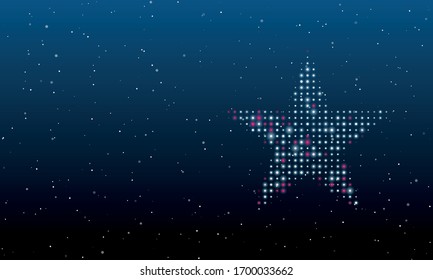 On the right is the star symbol filled with white dots. Background pattern from white dots and circles of different shades. Some dots is pink. Vector illustration on blue background with stars