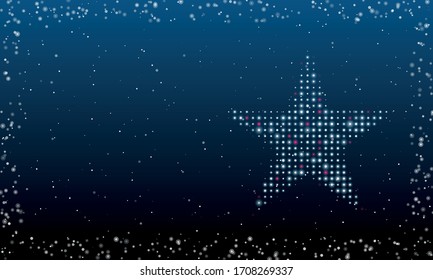 On the right is the star symbol filled with white dots. Abstract futuristic frame of white dots and circles. Some dots is pink. Vector illustration on blue background with stars