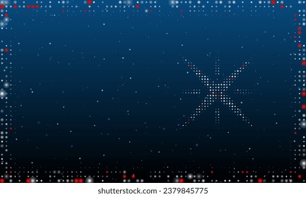 On the right is the star symbol filled with white dots. Pointillism style. Abstract futuristic frame of dots and circles. Some dots is red. Vector illustration on blue background with stars