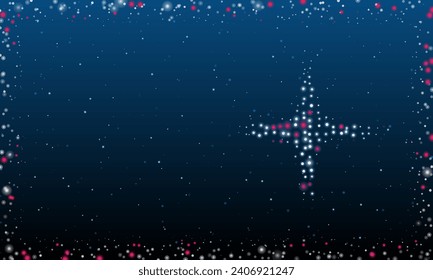 On the right is the star symbol filled with white dots. Pointillism style. Abstract futuristic frame of dots and circles. Some dots is pink. Vector illustration on blue background with stars
