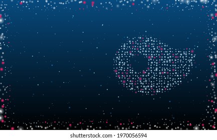 On the right is the steak symbol filled with white dots. Pointillism style. Abstract futuristic frame of dots and circles. Some dots is pink. Vector illustration on blue background with stars