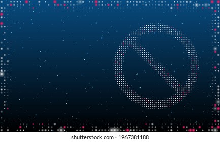 On the right is the stop symbol filled with white dots. Pointillism style. Abstract futuristic frame of dots and circles. Some dots is pink. Vector illustration on blue background with stars