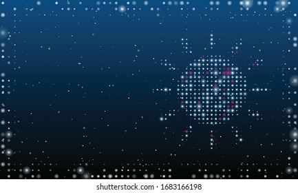 On the right is the sun symbol filled with white dots. Abstract futuristic frame of white dots and circles. Some dots is pink. Vector illustration on blue background with stars