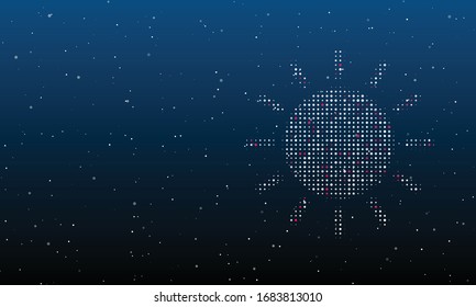 On the right is the sun symbol filled with white dots. Background pattern from white dots and circles of different shades. Some dots is pink. Vector illustration on blue background with stars