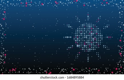 A la derecha está el símbolo del sol lleno de puntos blancos. Dibujo futurista abstracto de puntos y círculos blancos. Algunos puntos son rosas. Ilustración vectorial sobre fondo azul con estrellas