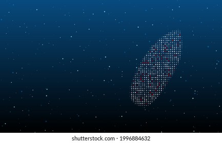 A la derecha está el símbolo de la tabla de surf con puntos blancos. Patrón de fondo de puntos y círculos de diferentes matices. Ilustración vectorial sobre fondo azul con estrellas