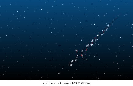 Rechts ist das mit weißen Punkten gefüllte Schwertsymbol. Hintergrundmuster aus weißen Punkten und Kreisen verschiedener Farbtöne. Einige Punkte sind rot. Vektorillustration auf blauem Hintergrund mit Sternen