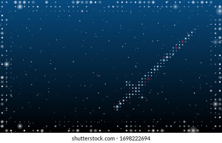 On the right is the sword symbol filled with white dots. Abstract futuristic frame of white dots and circles. Some dots is red. Vector illustration on blue background with stars