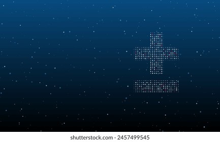 A la derecha está el símbolo más-menos lleno de puntos blancos. Patrón de fondo de puntos y círculos de diferentes tonos. Ilustración vectorial sobre fondo azul con estrellas