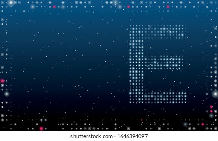 On the right is the symbol of the letter E filled with white dots. Abstract futuristic frame of white dots and circles. Some dots is highlighter. Vector illustration on blue background with stars