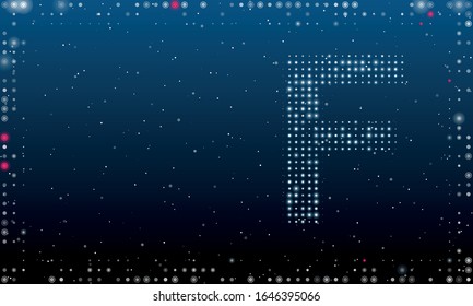 On the right is the symbol of the letter F filled with white dots. Abstract futuristic frame of white dots and circles. Some dots is highlighter. Vector illustration on blue background with stars