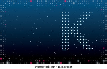 On the right is the symbol of the letter K filled with white dots. Abstract futuristic frame of white dots and circles. Some dots is highlighter. Vector illustration on blue background with stars