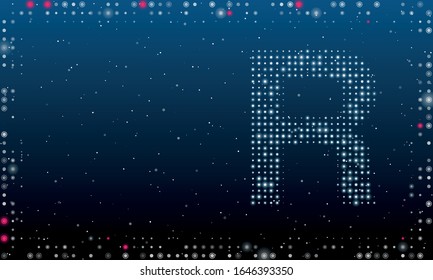 On the right is the symbol of the letter R filled with white dots. Abstract futuristic frame of white dots and circles. Some dots is highlighter. Vector illustration on blue background with stars