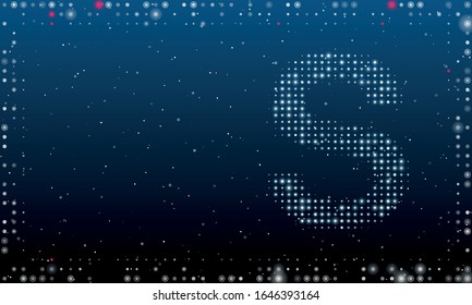 On the right is the symbol of the letter S filled with white dots. Abstract futuristic frame of white dots and circles. Some dots is highlighter. Vector illustration on blue background with stars