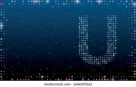 On the right is the symbol of the letter U filled with white dots. Abstract futuristic frame of white dots and circles. Some dots is highlighter. Vector illustration on blue background with stars
