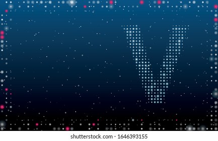 On the right is the symbol of the letter V filled with white dots. Abstract futuristic frame of white dots and circles. Some dots is highlighter. Vector illustration on blue background with stars