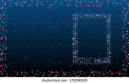 On the right is the tablet symbol filled with white dots. Abstract futuristic frame of white dots and circles. Some dots is pink. Vector illustration on blue background with stars
