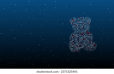 On the right is the teddy bear symbol filled with white dots. Background pattern from dots and circles of different shades. Vector illustration on blue background with stars