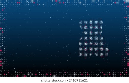 On the right is the teddy bear symbol filled with white dots. Pointillism style. Abstract futuristic frame of dots and circles. Some dots is pink. Vector illustration on blue background with stars