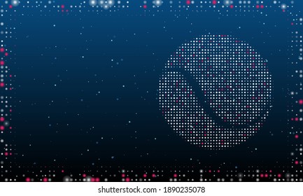 On the right is the tennis ball symbol filled with white dots. Pointillism style. Abstract futuristic frame of dots and circles. Some dots is pink. Vector illustration on blue background with stars