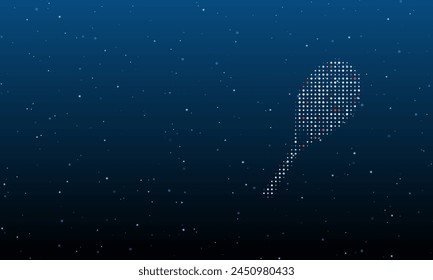 On the right is the tennis racket symbol filled with white dots. Background pattern from dots and circles of different shades. Vector illustration on blue background with stars