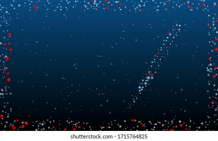 On the right is the thermometer symbol filled with white dots. Abstract futuristic frame of white dots and circles. Some dots is red. Vector illustration on blue background with stars