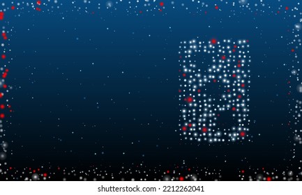 On the right is the Three of hearts playing symbol filled with white dots. Abstract futuristic frame of dots and circles. Vector illustration on blue background with stars