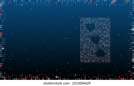 On the right is the Three of hearts playing symbol filled with white dots. Abstract futuristic frame of dots and circles. Vector illustration on blue background with stars