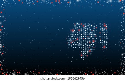 On the right is the thumb down symbol filled with white dots. Pointillism style. Abstract futuristic frame of dots and circles. Some dots is red. Vector illustration on blue background with stars