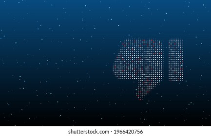 A la derecha está el símbolo de abajo del pulgar lleno de puntos blancos. Patrón de fondo de puntos y círculos de diferentes matices. Ilustración vectorial sobre fondo azul con estrellas