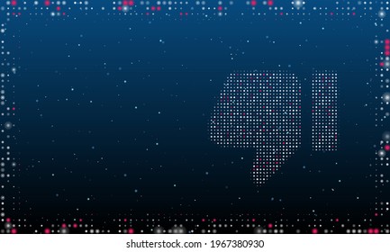 A la derecha está el símbolo de abajo del pulgar lleno de puntos blancos. Estilo de puntillismo. Resumen marco futurista de puntos y círculos. Algunos puntos son rosas. Ilustración vectorial sobre fondo azul con estrellas