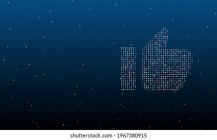 On the right is the thumb up symbol filled with white dots. Background pattern from dots and circles of different shades. Vector illustration on blue background with stars