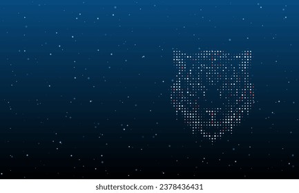 On the right is the tiger head symbol filled with white dots. Background pattern from dots and circles of different shades. Vector illustration on blue background with stars