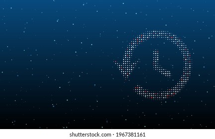 On the right is the time back symbol filled with white dots. Background pattern from dots and circles of different shades. Vector illustration on blue background with stars