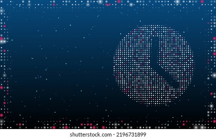 On the right is the time symbol filled with white dots. Pointillism style. Abstract futuristic frame of dots and circles. Some dots is pink. Vector illustration on blue background with stars
