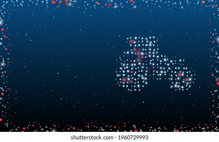 On the right is the tractor symbol filled with white dots. Pointillism style. Abstract futuristic frame of dots and circles. Some dots is red. Vector illustration on blue background with stars